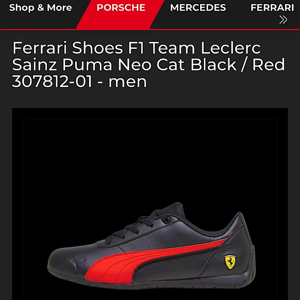 Ferrari Shoes F1 Team Leclerc Sainz Puma Neo Cat Black / Red🚩